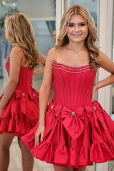 Misshow A Line Red Strapless Corset Short Homecoming Dress/Mini Dress With Bows